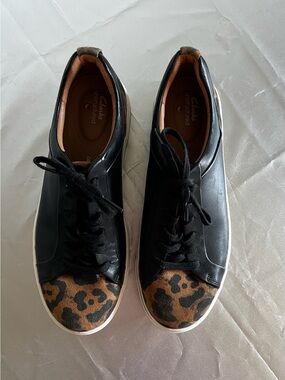 Clarks Women's Black Leather Sneakers with Leopard-Print Toe